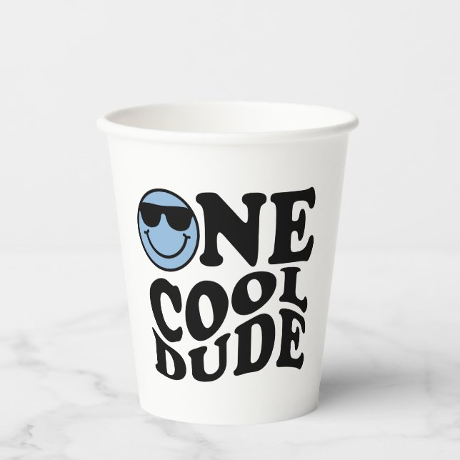 Vasos De Papel Wavy Blue Preppy Smile One Guay Dude Primer Cumple (Anverso)