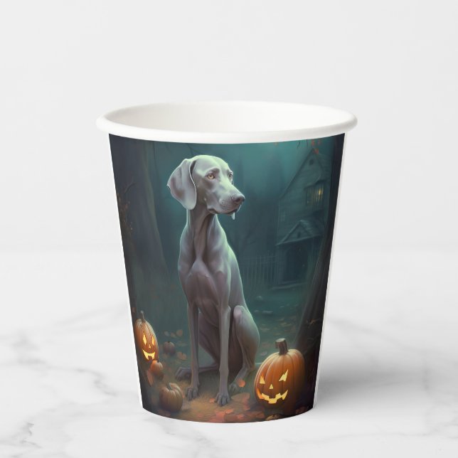 Vasos De Papel Weimaraner de Halloween con calabazas aterradoras (Anverso)
