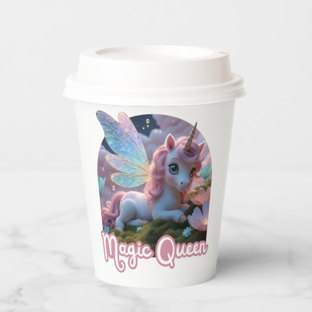 Vasos De Papel Weißes Einhorn mit Flügeln - Magic Queen (Anverso)