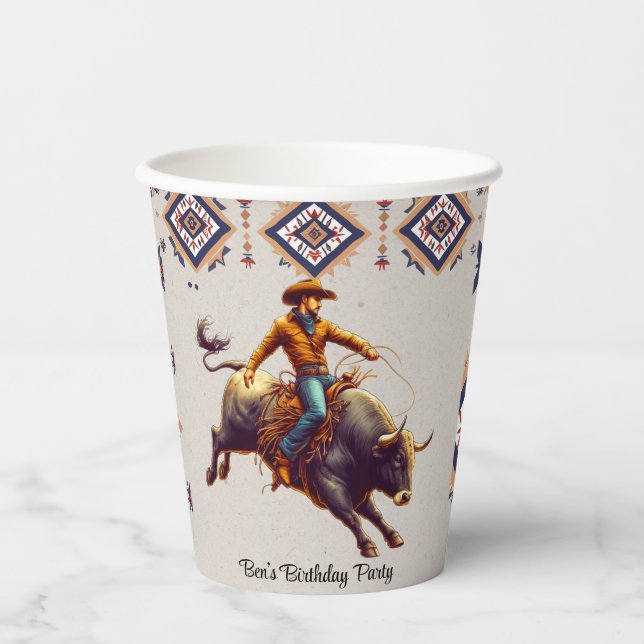 Vasos De Papel Western Cowboy Bull Rider Aztec Birday Party (Anverso)