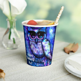 Vasos De Papel Whimsical Big Eyed Abstract Owl Blue Green Purple