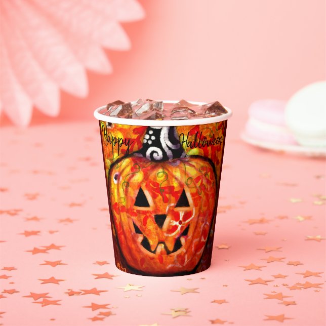Vasos De Papel Whimsical Halloween Jack-O-Lantern Resumen Naranja (in situ)
