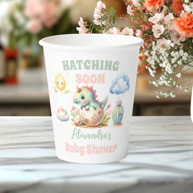 Vasos De Papel Whimsical Pastel Hatching Pronto Dino Baby Shower (Subido por el creador)