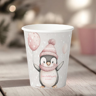 Vasos De Papel Whimsical Penguin Birthday   Rosa antiguo 