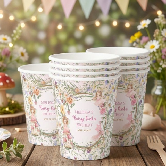 Vasos De Papel Whimsical Pink Floral Garden Fairy First Birthday (Subido por el creador)