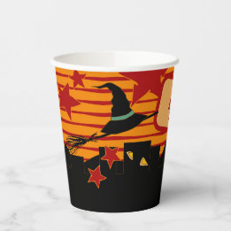 Vasos De Papel Whimsical Retro Witch Hat Over Skyline Halloween