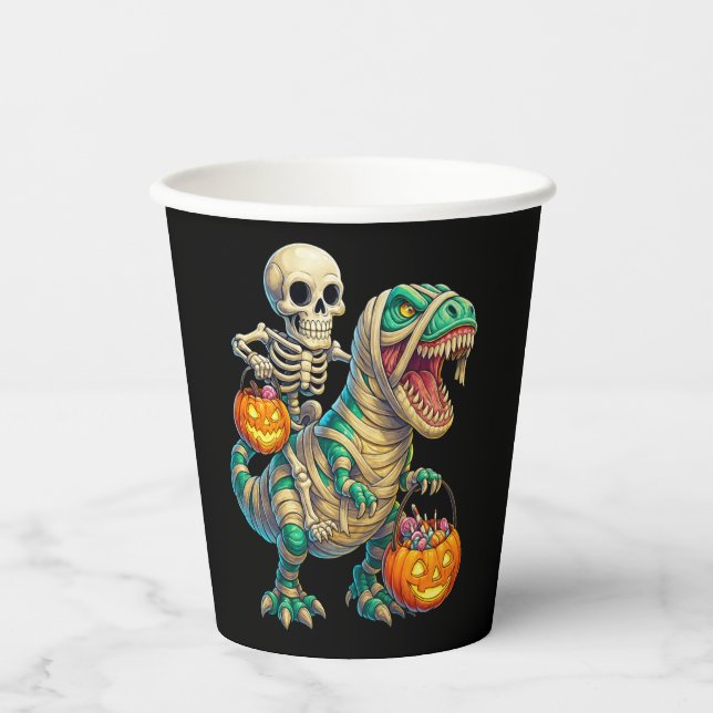 Vasos De Papel Whimsical Skeleton Riding Mummy T-Rex Halloween (Anverso)