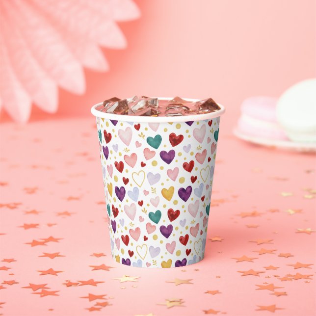 Vasos De Papel Whimsical Watercolor Hearts & Golden Glint (in situ)