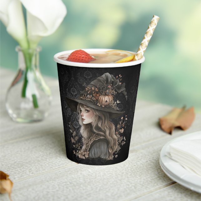 Vasos De Papel Whimsical Witch on Black Damask (in situ)