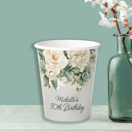 Vasos De Papel White Sage Green Floral Gold 80 cumpleaños