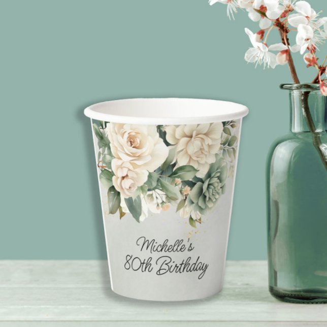 Vasos De Papel White Sage Green Floral Gold 80 cumpleaños (White and sage green floral birthday party paper cups)