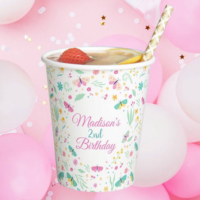Vasos De Papel White Whimsical Garden Butterfly Girls Birthday (Subido por el creador)