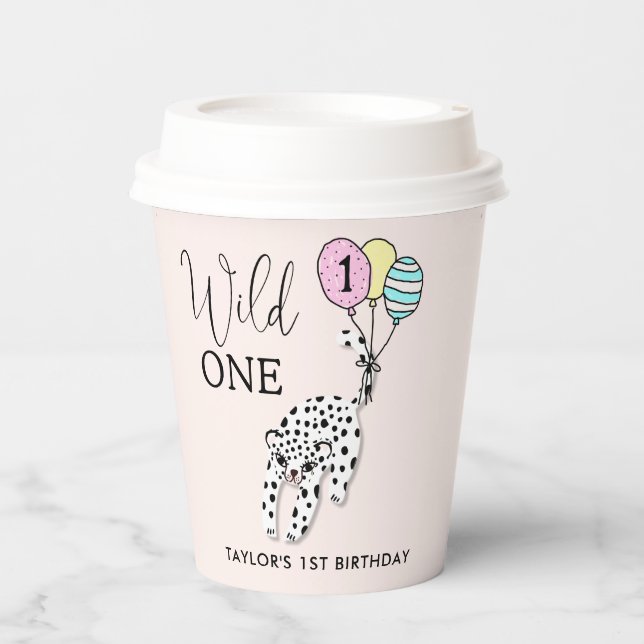 Vasos De Papel Wild One | Leopard Balloon Chica 1er cumpleaños (Anverso)