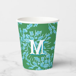 Vasos De Papel Winding Peony Woodcut in Green + Aqua Personalized