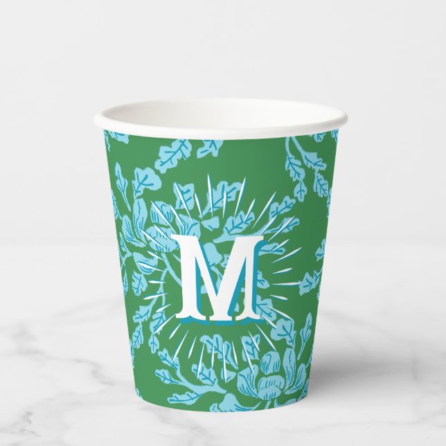Vasos De Papel Winding Peony Woodcut in Green + Aqua Personalized (Anverso)