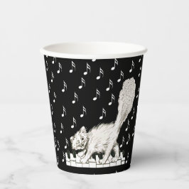Vasos De Papel Winking Happy White Cat Walking on Piano Notes