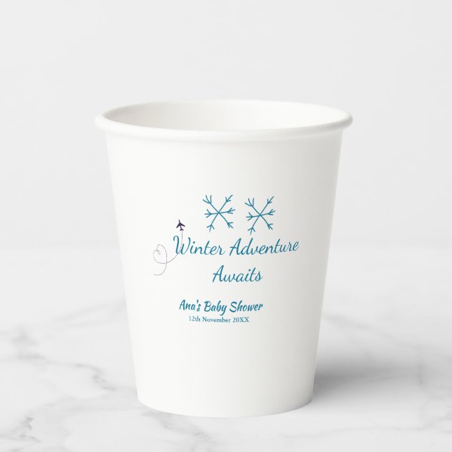 Vasos De Papel Winter Adventure awaits baby shower blue snowflake (Anverso)