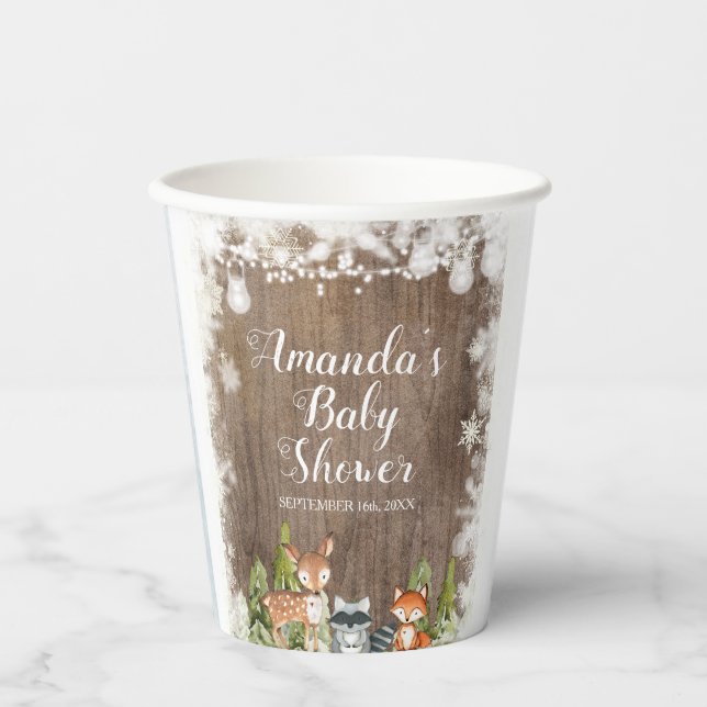 Vasos De Papel Winter Animals Wood Snowflakes Baby Shower (Anverso)