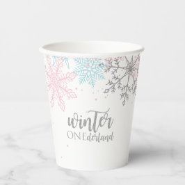 Vasos De Papel Winter Onederland Pink Silver Blue Snowflakes
