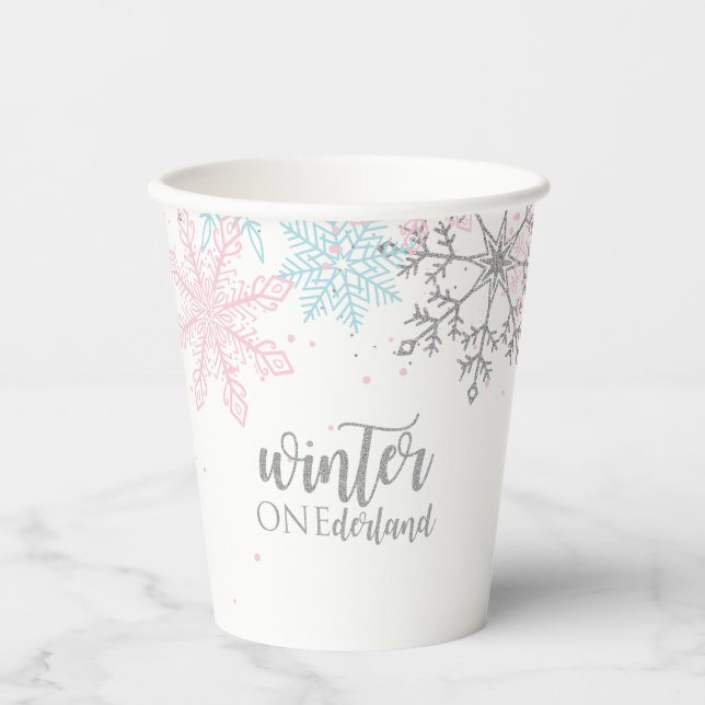 Vasos De Papel Winter Onederland Pink Silver Blue Snowflakes (Anverso)