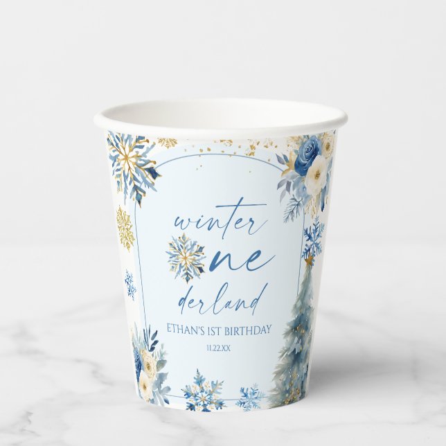 Vasos De Papel Winter Onederland Snowflake Primer Fiesta de cumpl (Anverso)