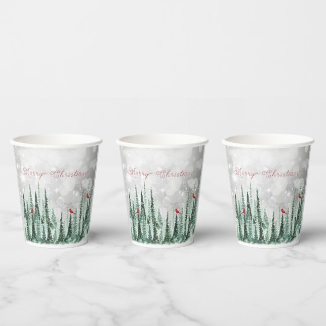 Vasos De Papel Winter Pine Trees Christmas Red Cardinals (Multi)