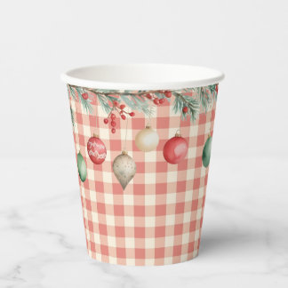 Vasos De Papel Winter Red Christmas gingham with ornaments