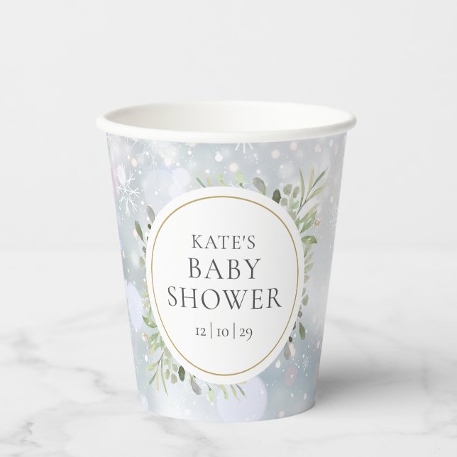 Vasos De Papel Winter Snowflakes Greenery Baby Shower (Anverso)