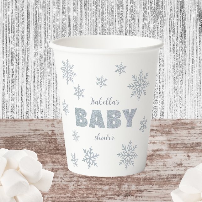 Vasos De Papel Winter Woodland Snow Wonderland Silver Baby Shower (winter wonderland baby shower paper cups silver glitter woodland)