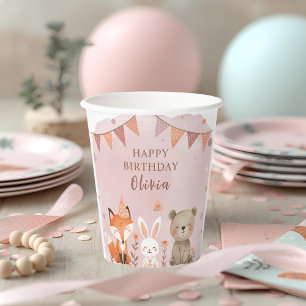 Vasos De Papel Woodland Animals Birthday Pink Fiesta