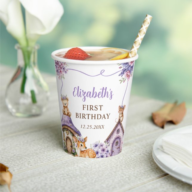 Vasos De Papel Woodland Animals Girl 1st Birthday Party (in situ)