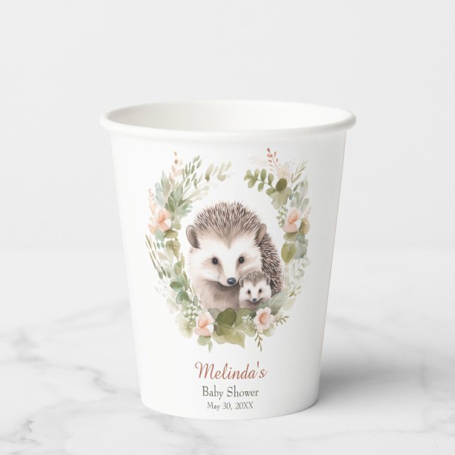 Vasos De Papel Woodland Baby Shower con Cute Hedgehog (Reverso )