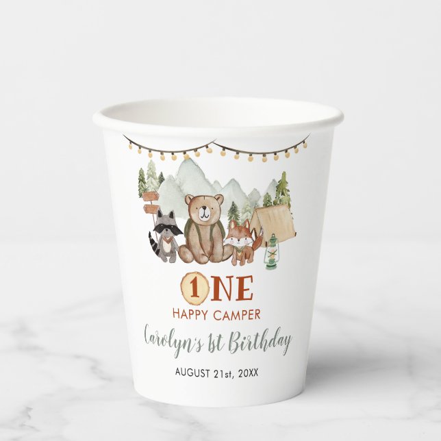 Vasos De Papel Woodland One Happy Camper First Birday (Anverso)