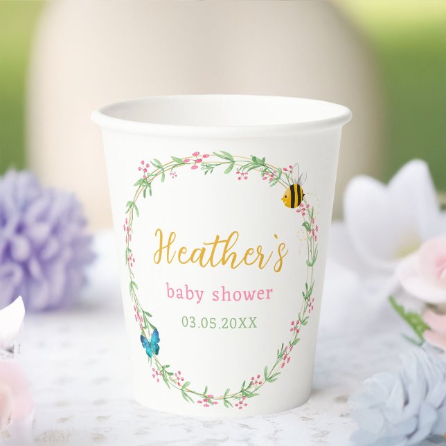Vasos De Papel Wreath, Baby Shower de abeja y mariposa (Cute Wreath, Bee & Butterfly Baby Shower Paper Cups with your name and date.)