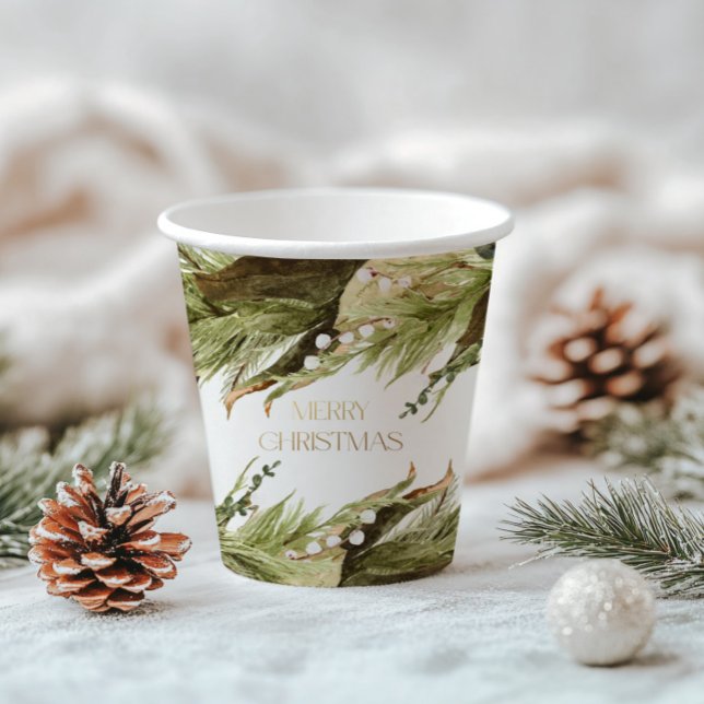 Vasos De Papel Wreath, Navidades de acuarela navideña (Merry Christmas Watercolor Christmas Wreath Paper Cups)