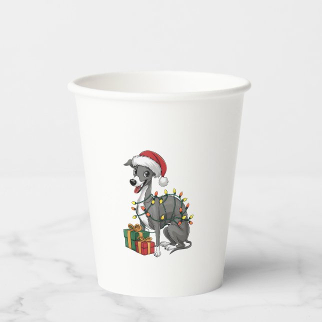 Vasos De Papel Xmas Iluminando Santa Hat Perro de Greyhound itali (Anverso)
