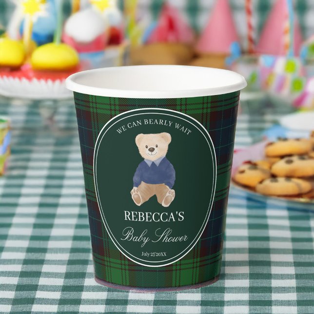 Vasos De Papel Ya podemos esperar a la clásica ducha de bebé de f (We can bearly wait green plaid  polo teddy bear baby shower personalized paper cups)