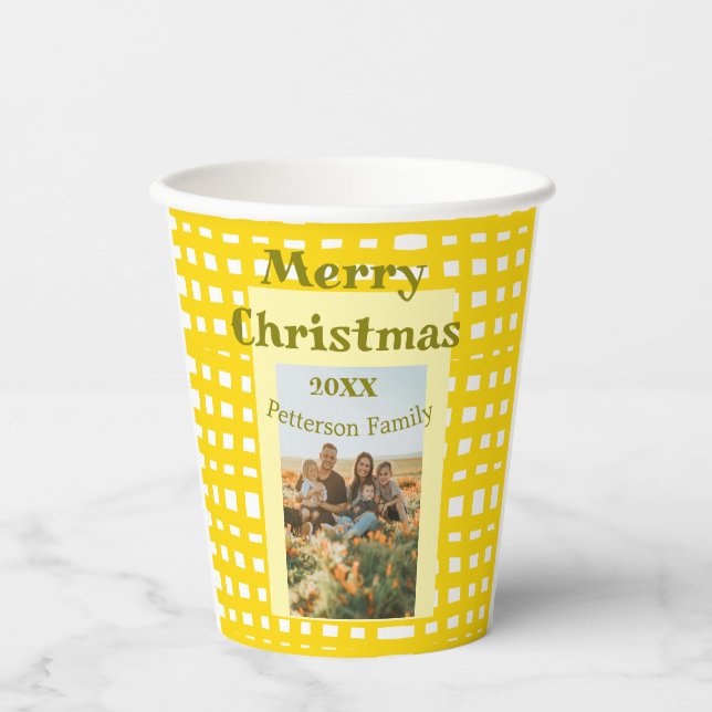 Vasos De Papel Yellow white plaid retro Christmas holiday family  (Anverso)