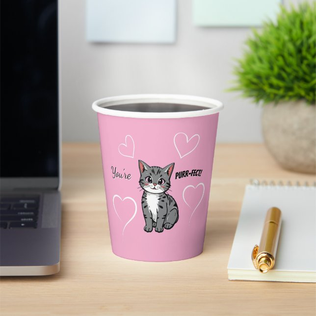 Vasos De Papel You're Purr-fect Animated Cat and Hearts Pink (in situ)
