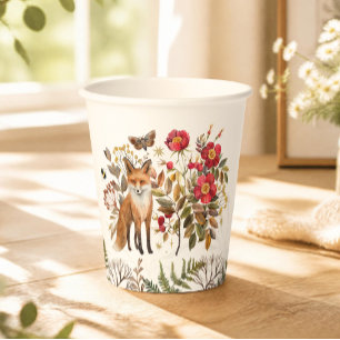Vasos De Papel Zorro del bosque caprichoso y flores silvestres de