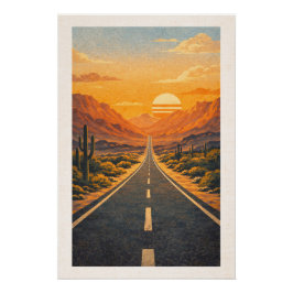 Vast Desert Highway Sunset Retro Travel Poster
