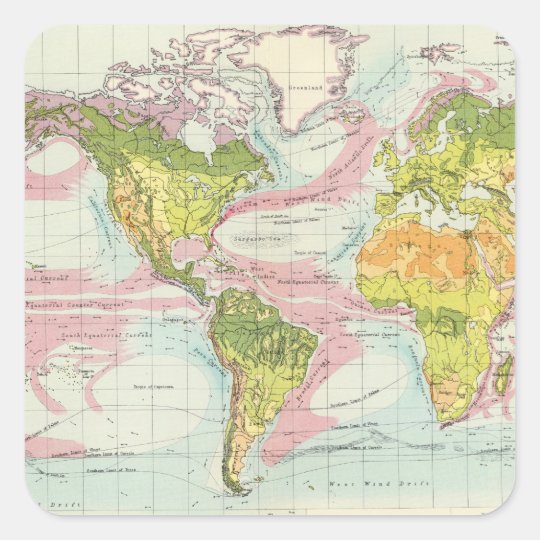 Vegetación del mundo y mapa de corrientes de pegatina cuadrada