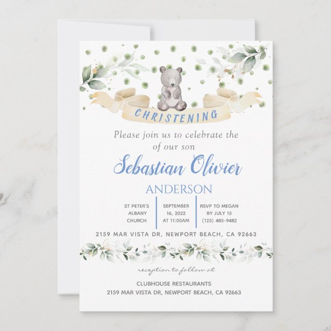 Vegetación floral azul de oso Baptismo Invitación  (Anverso)