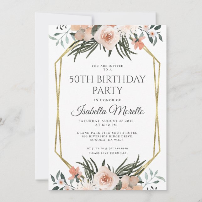 Vegetación floral rosa Invitación a los 50 años (Anverso)