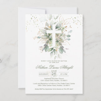 Vegetación Foliage Cross Baby Baptism Invitación
