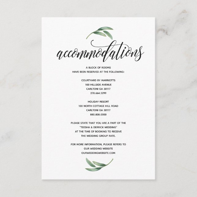 Vegetación moderna tarjeta de alojamiento boda v1 (Anverso)
