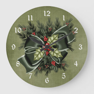 Vegetación navideña y atolondrado reloj de Navidad