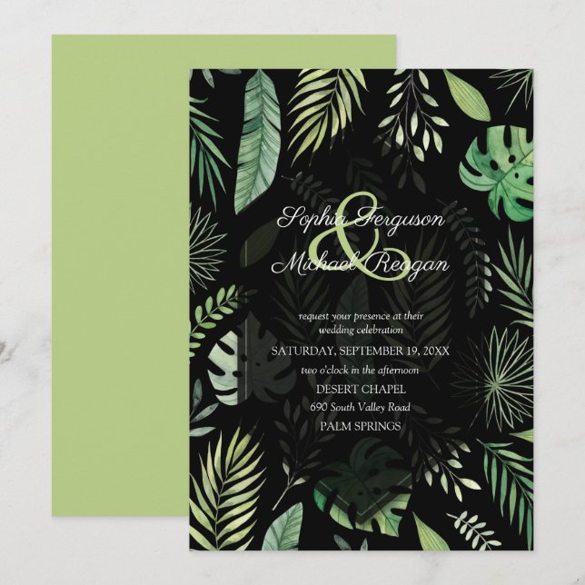 Vegetación tropical Invitación a la Boda Negra Bot (Anverso / Reverso)