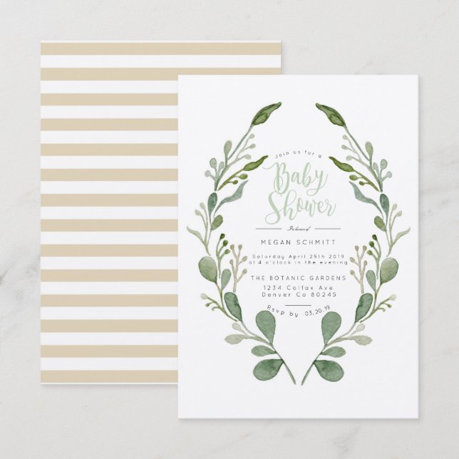 Vegetación Wreath Watercolor | Invitación de Baby  (Anverso / Reverso)