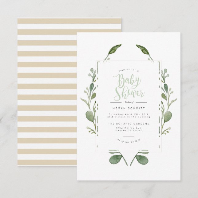 Vegetación Wreath Watercolor | Invitación de Baby  (Anverso / Reverso)